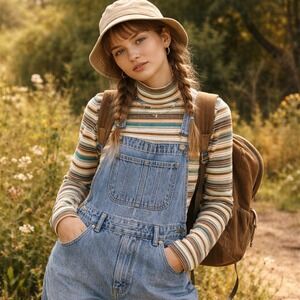 Vintage 90s Striped Mock Neck Long Sleeve Top Earthy Teal Granola Girl L Petite